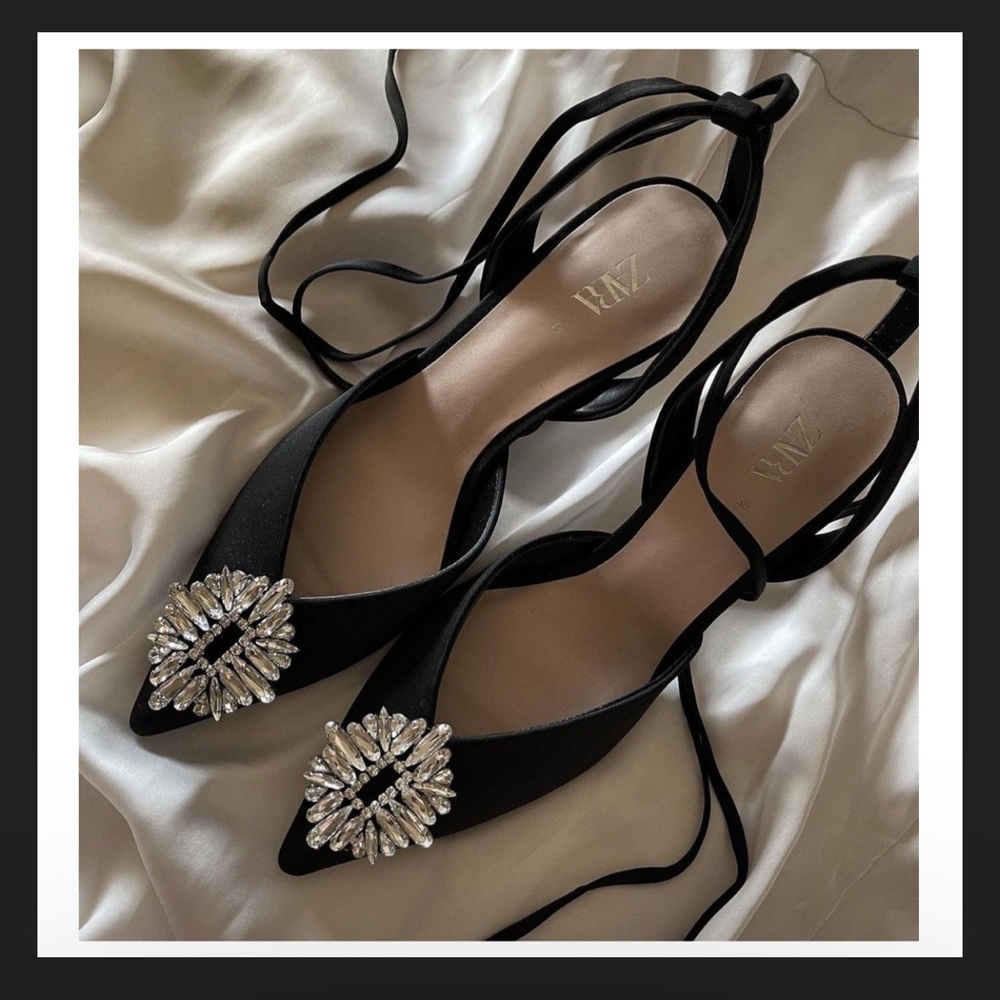 Zara Black Satin Pointed Slingback Heels with Crystal Brooch - Picture 4 of 16